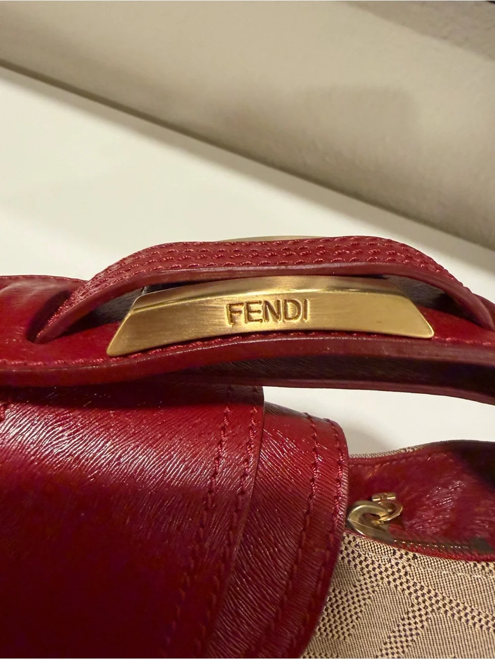 Vintage Fendi Beige Monogram Canvas Shoulder Bag with Red Leather Trim